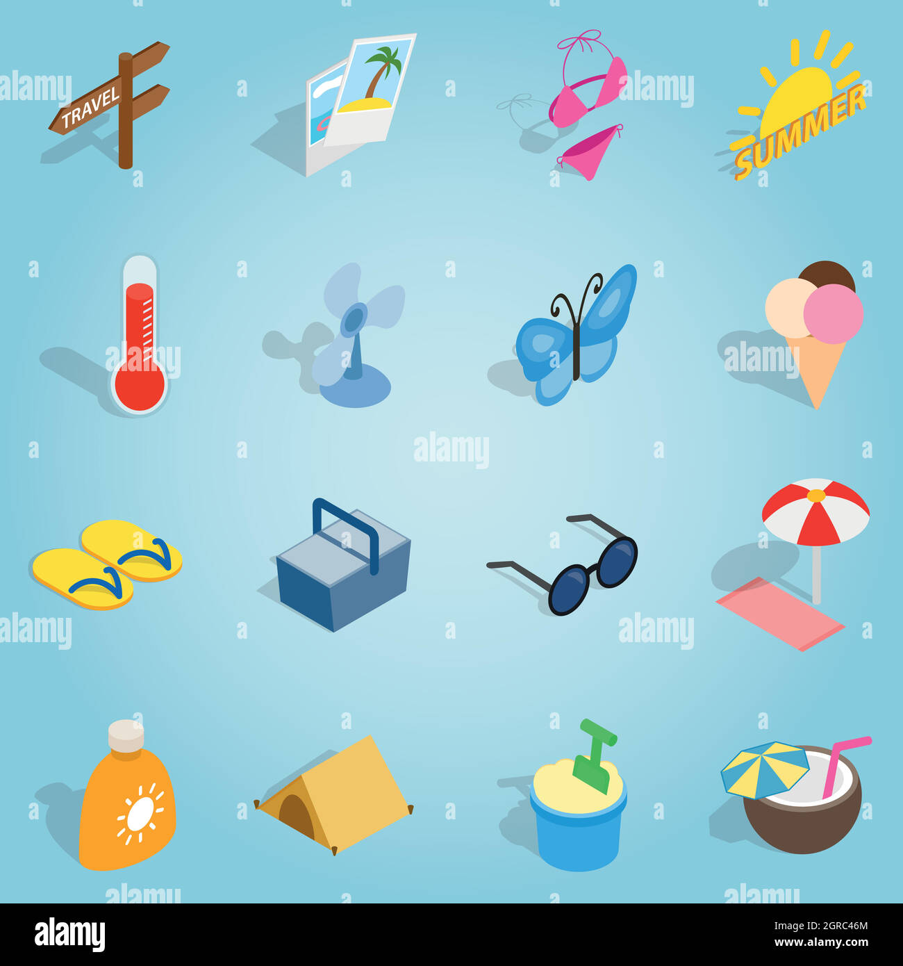 Summer set icons, isometric 3d style Stock Vector