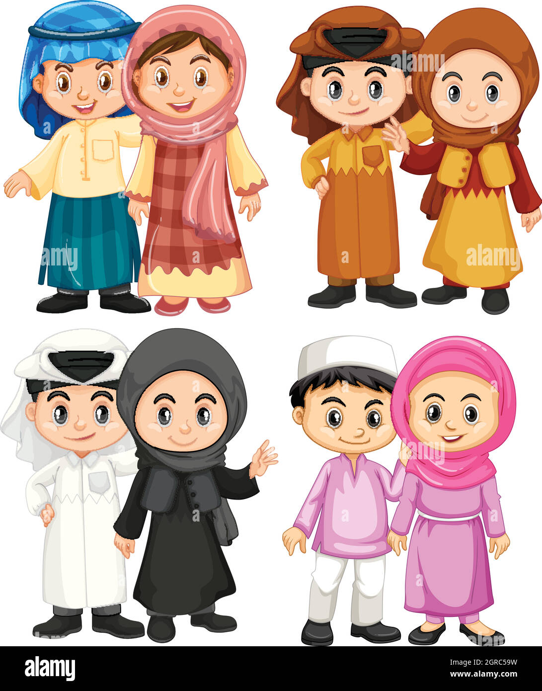 Four couple of muslim kids in traditional costumes Stock Vector