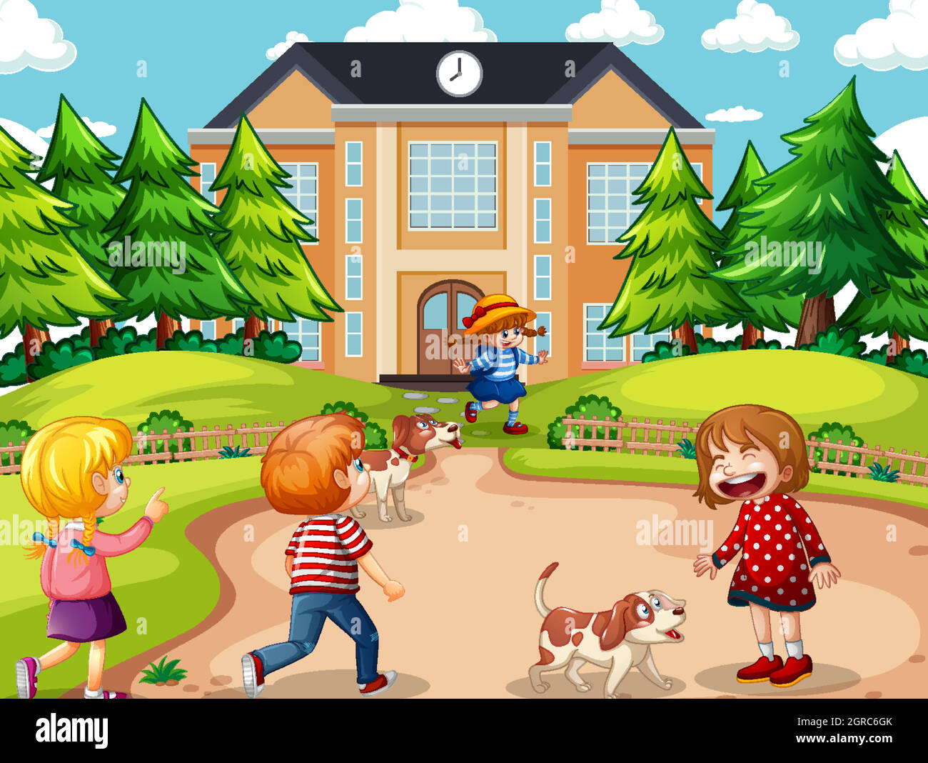 Outdoor scene with many children playing in front of the house Stock ...