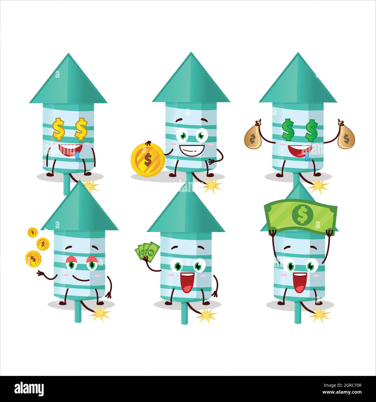 Rocket firework green cartoon character with cute emoticon bring money ...