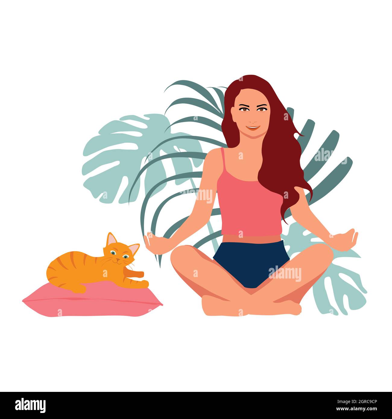 Woman meditating and cute ginger cat lying on pillow. Concept illustration for yoga, meditation, relax, recreation, healthy lifestyle. Vector illustra Stock Vector