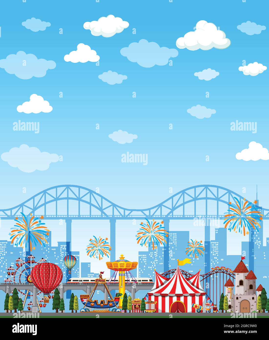 Amusement park scene at daytime with bright blue sky Stock Vector Image ...