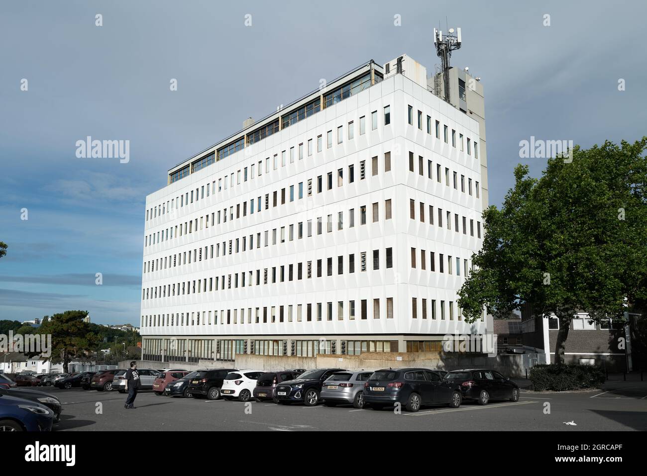 BT telephone exchange with rooftop antennae, Kettering, England Stock