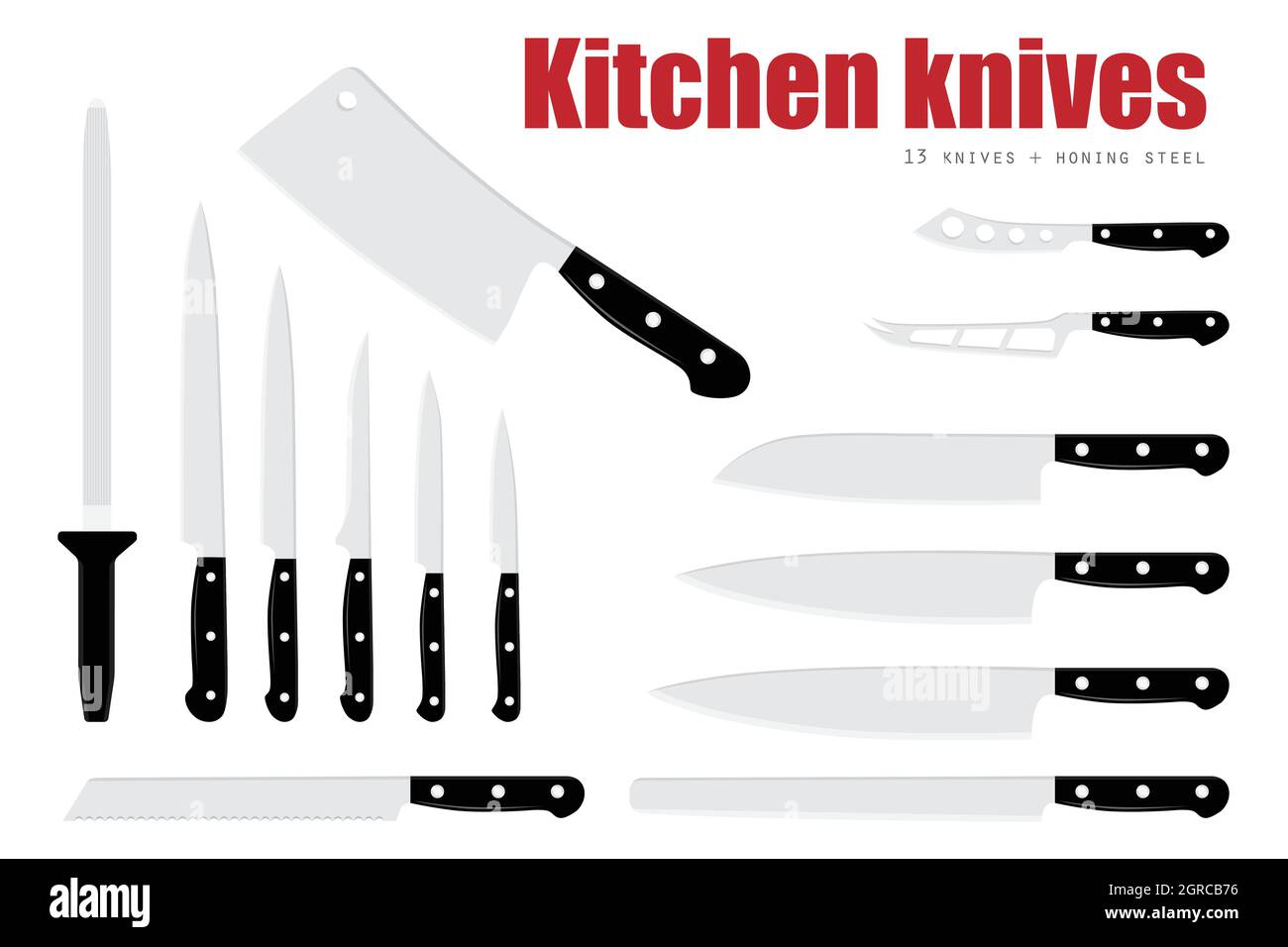 Vector illustration meat cutting knives set. Set of butcher meat knives