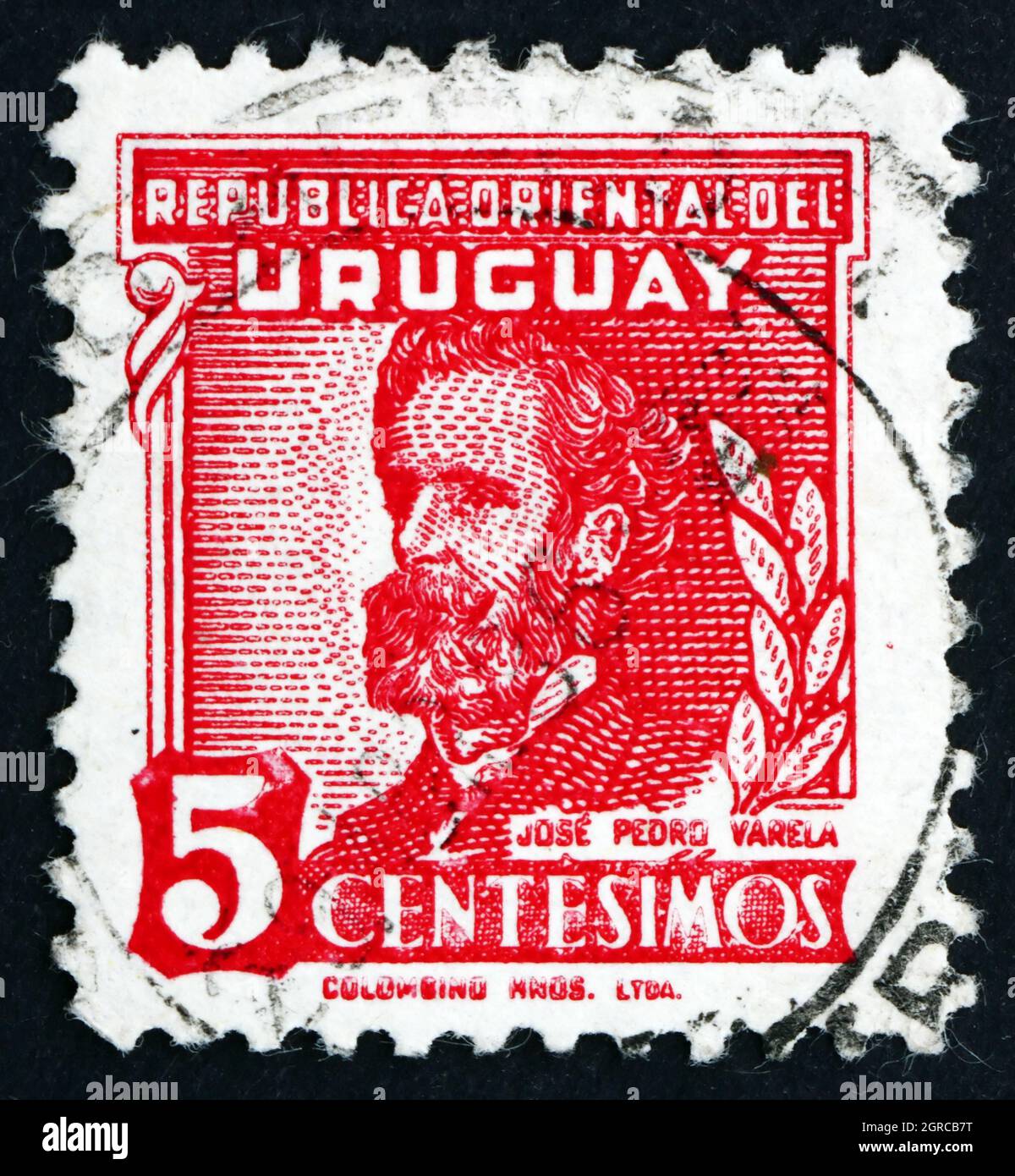 URUGUAY - CIRCA 1945: a stamp printed in the Uruguay shows Jose Pedro Varela, Politician and Author, circa 1945 Stock Photo