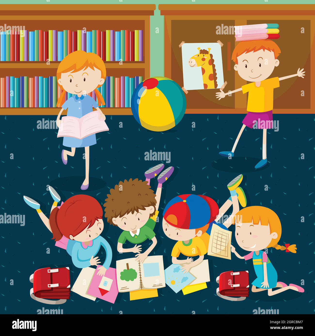 Children reading books in classroom Stock Vector