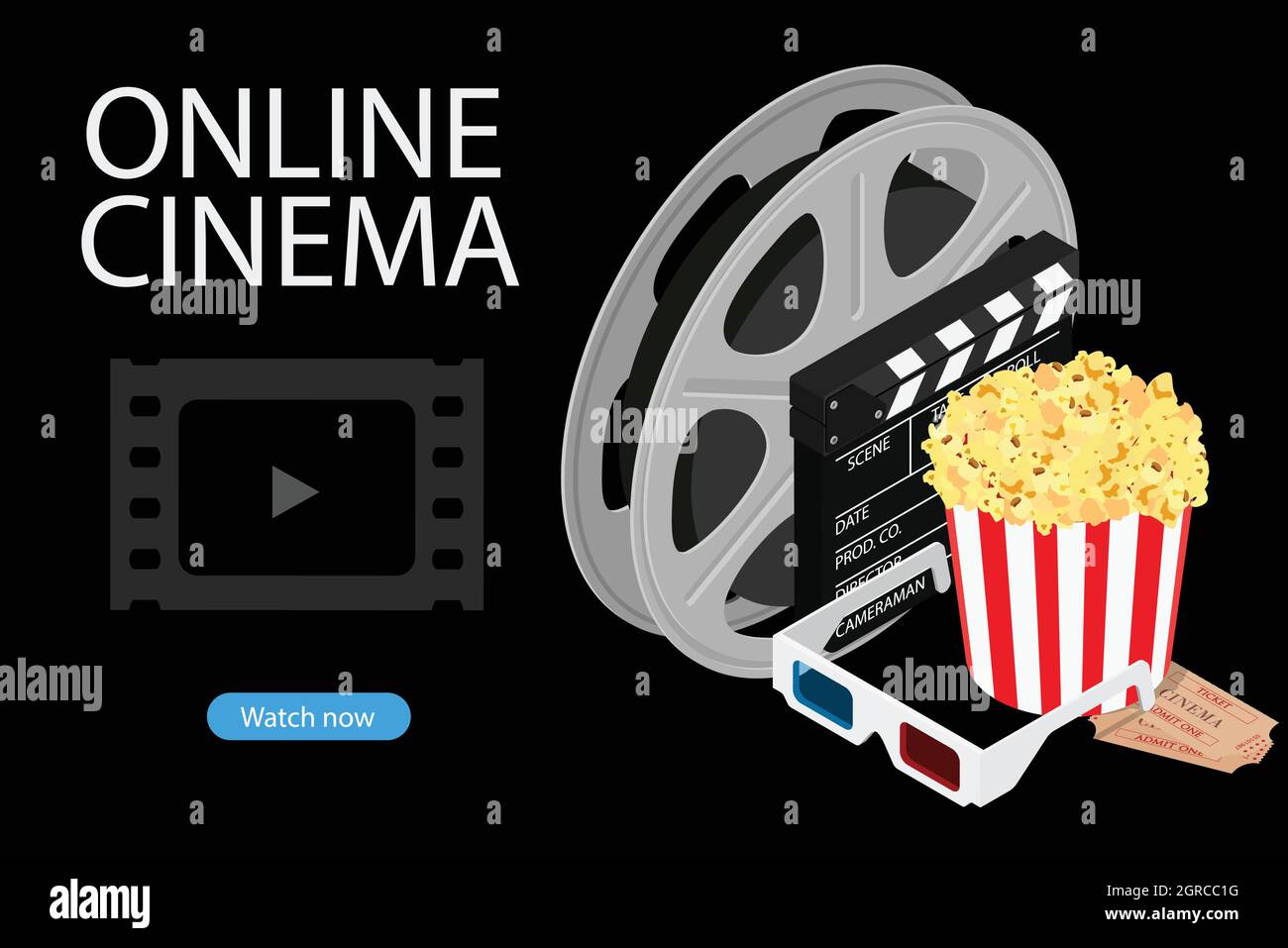 Online cinema art movie watching with popcorn, 3d glasses and cinema projector cinematography concept. Vector. Isometric view. Stock Vector