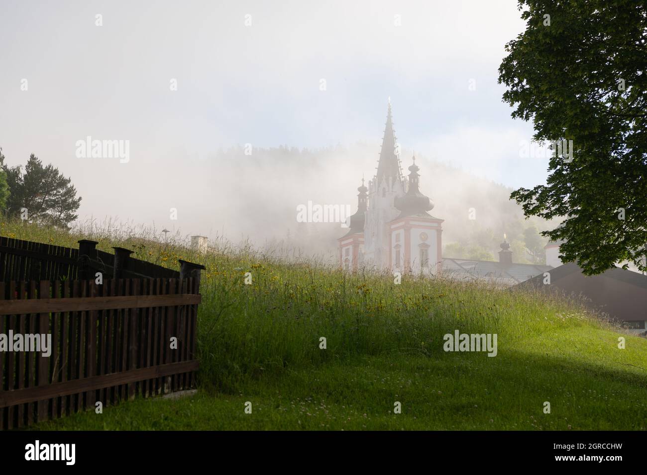 Basilica of the Birth of the Virgin Mary in Mariazell (Austria), foggy ...