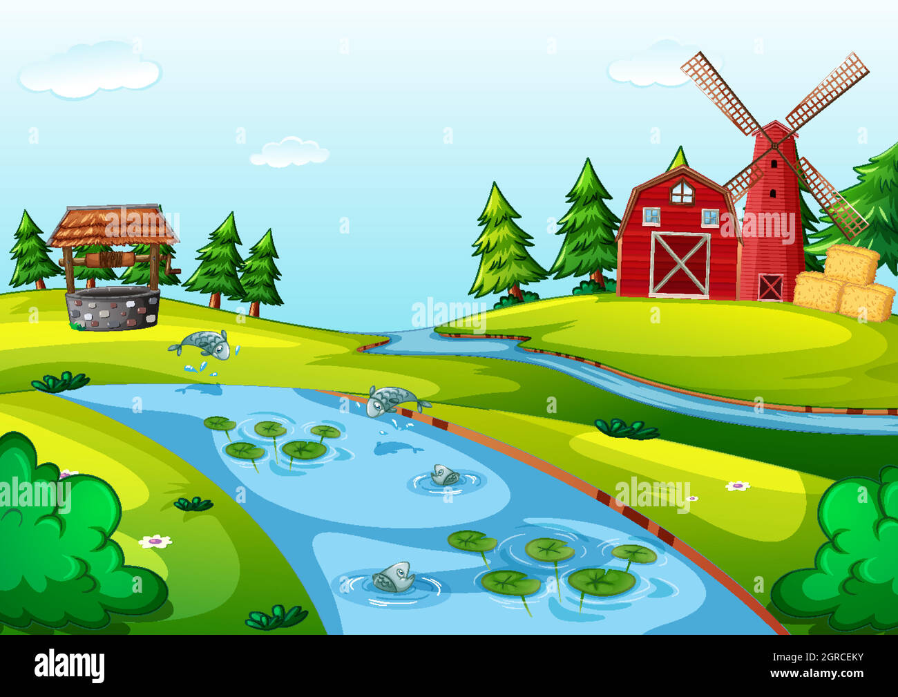 Farm with red barn and windmill scene Stock Vector