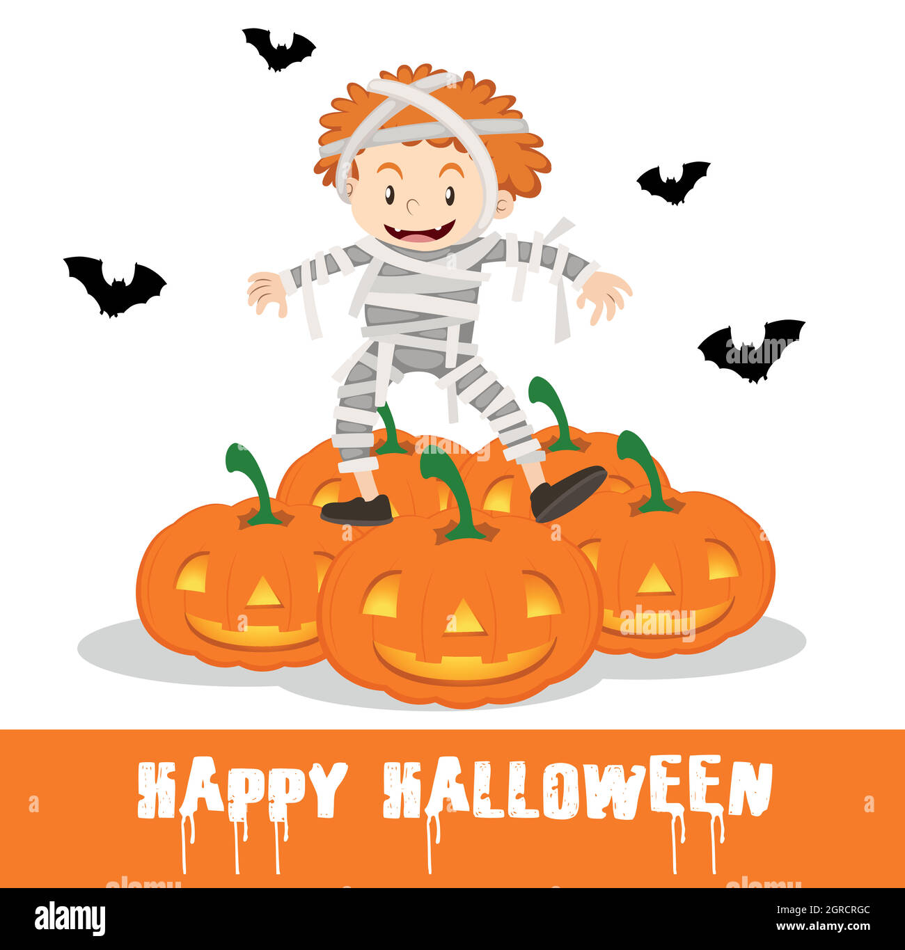 Happy Halloween poster with kid in mummy costume Stock Vector