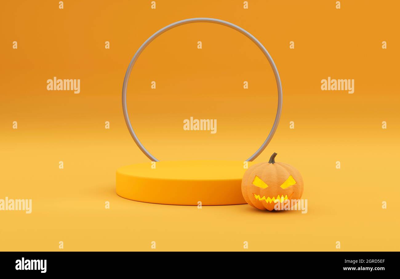 3D pedestal podium on orange background. Pumpkin with frame rim ...