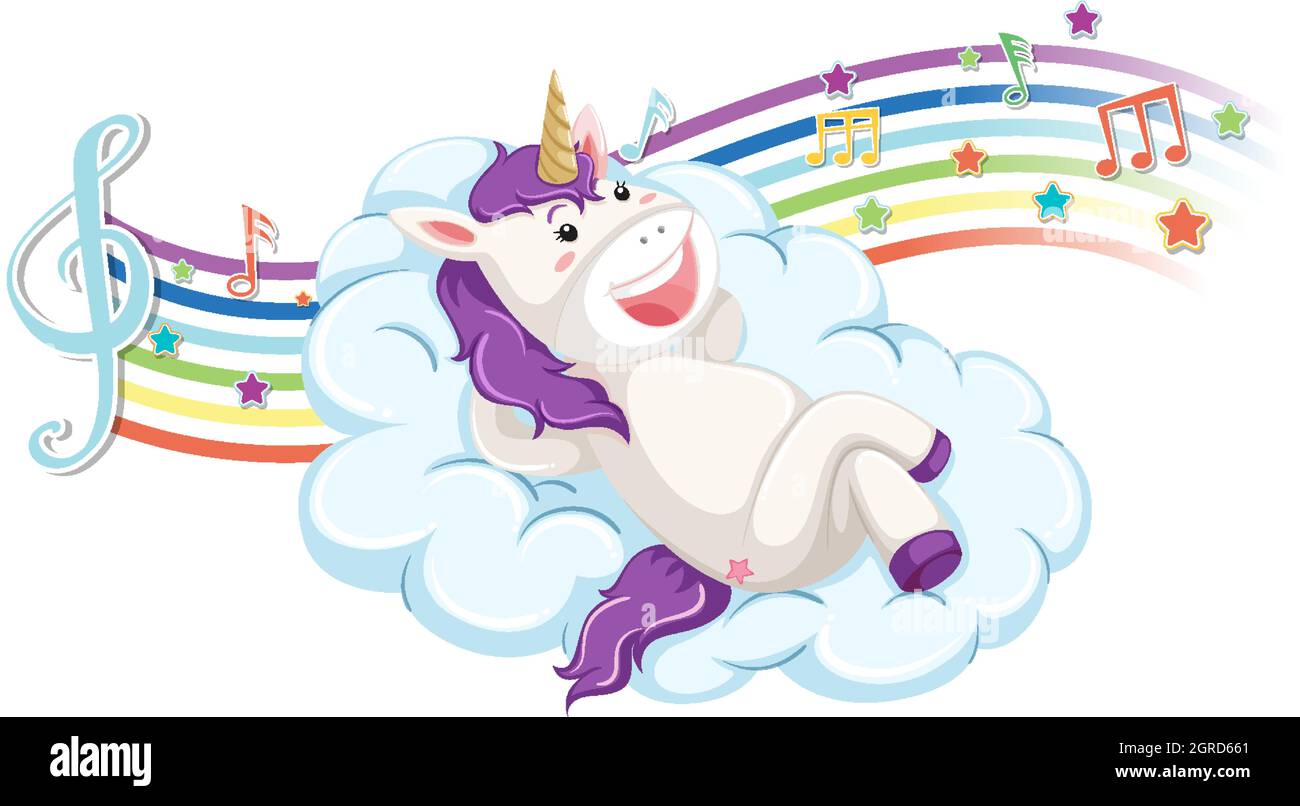 Cute unicorn standing on the cloud with melody symbols on rainbow ...