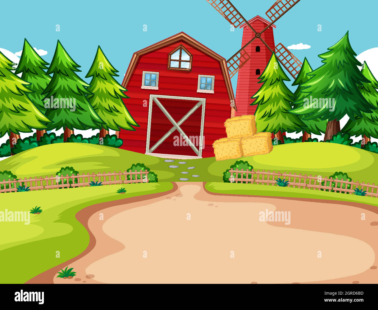 Background scene with red barn and windmill in the farm Stock Vector