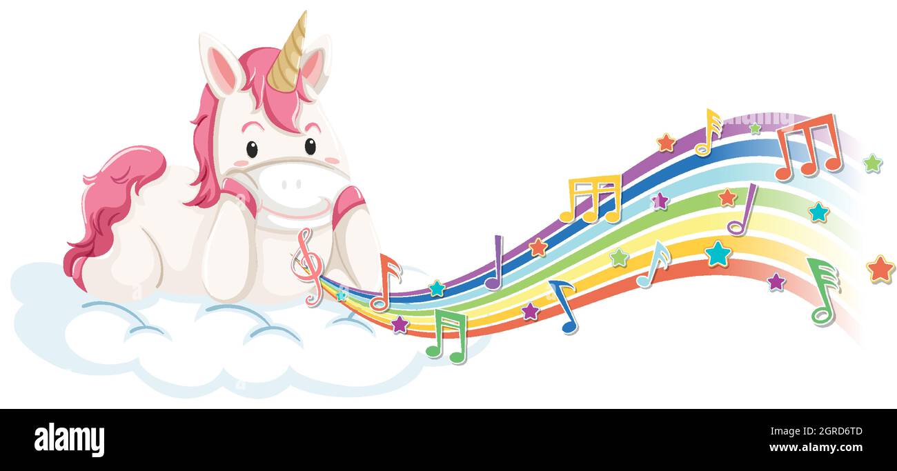 Cute unicorn laying on the cloud with melody symbols on rainbow ...