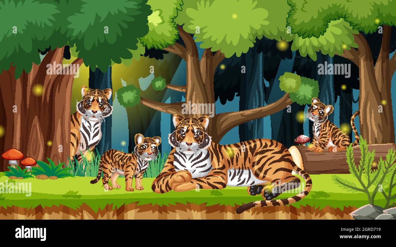 Tiger family in forest landscape background illustration Stock Vector