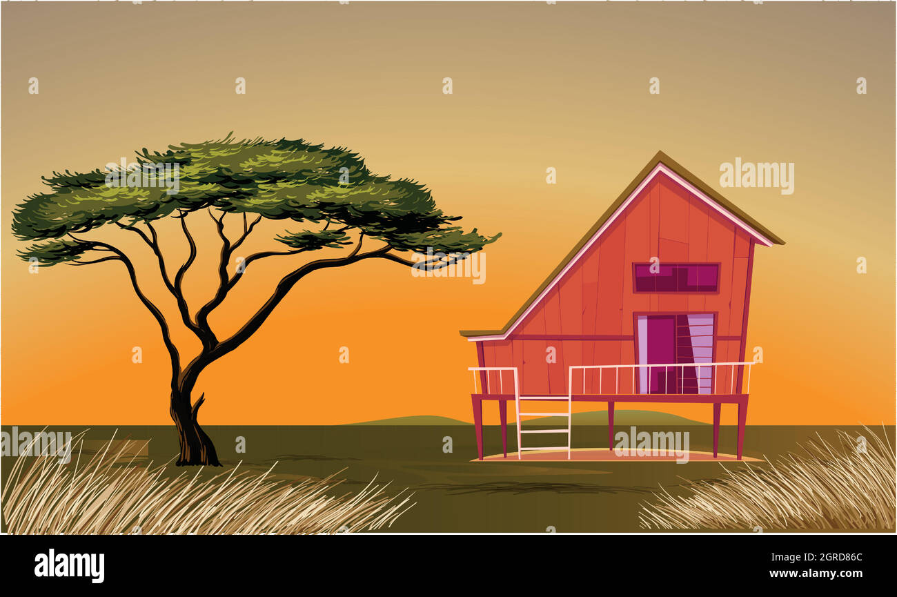 a wooden house view on the road side village near big tree Stock Vector