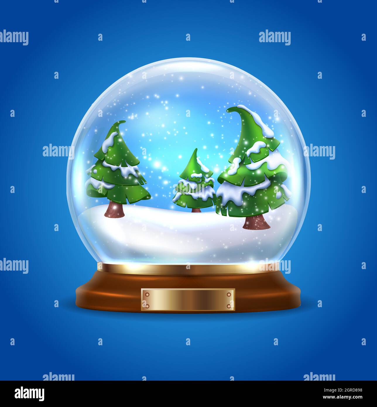 Vector 3d realistic snow glass globe with Christmas tree on blue ...