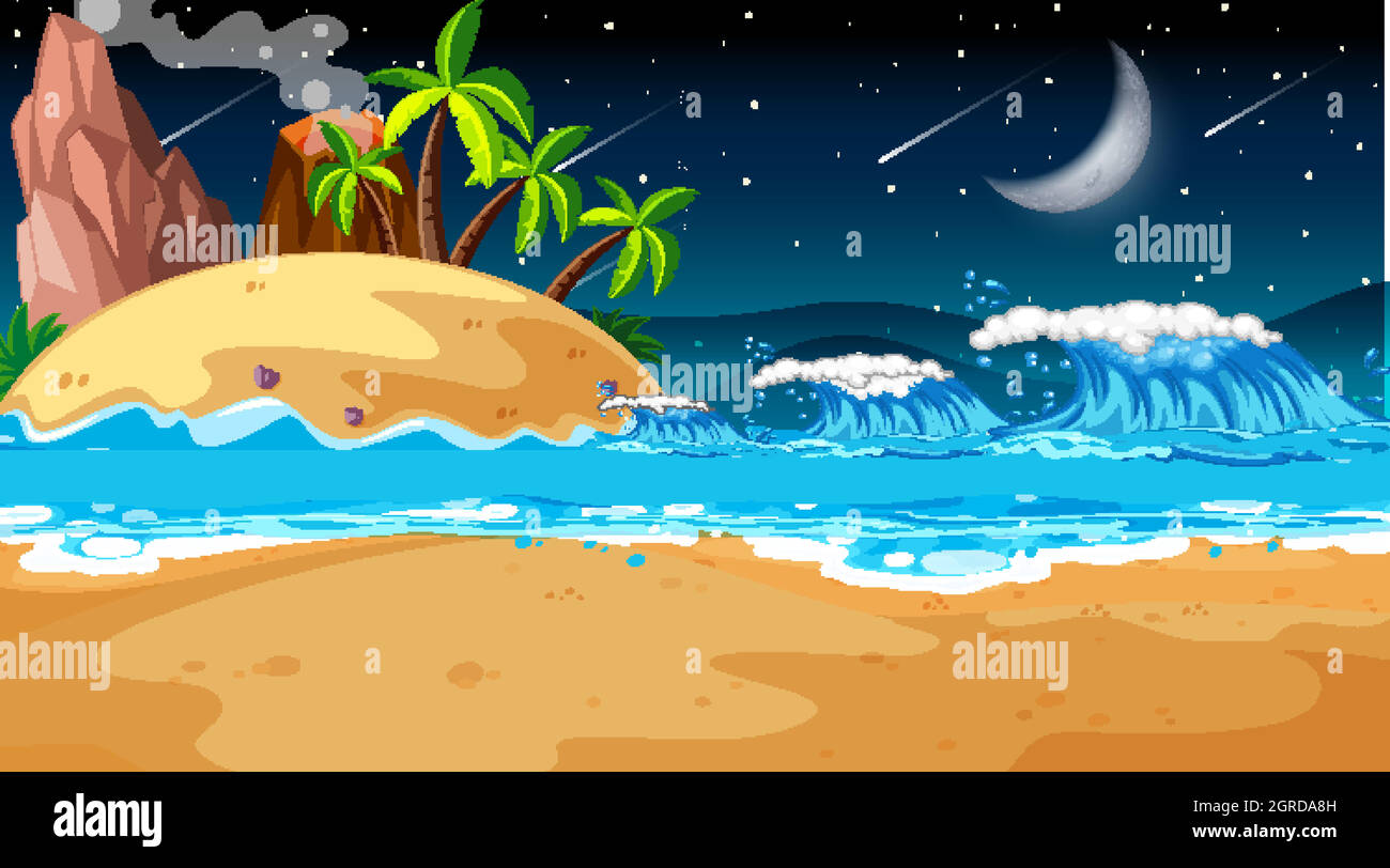 Tropical beach landscape scene at night Stock Vector Image & Art - Alamy