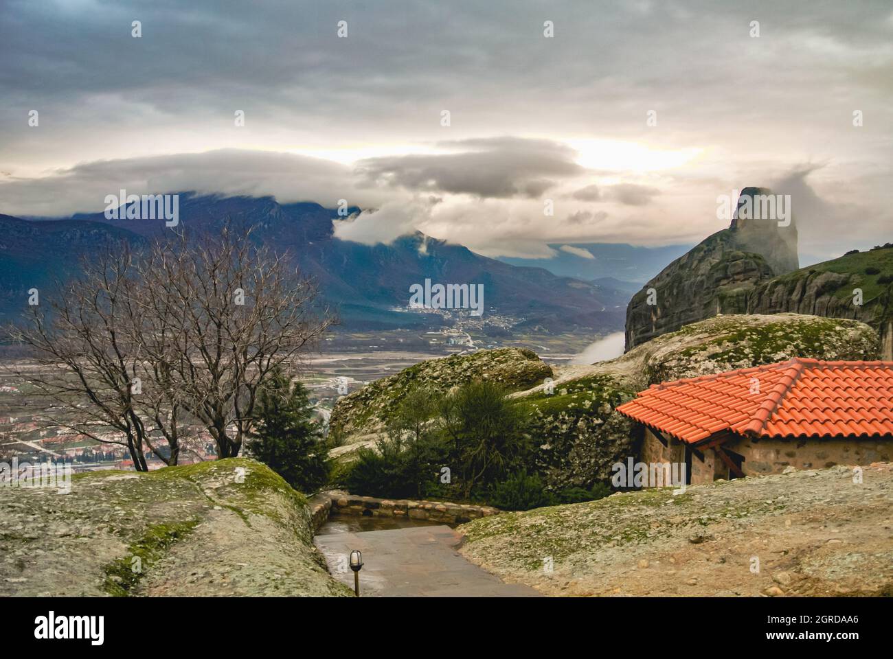 Winterscape of Meteora, Kalambaka, Greece from a hill Stock Photo