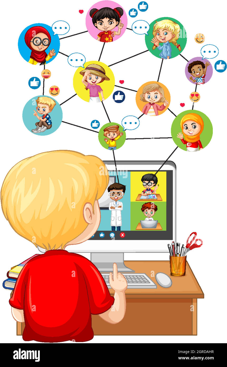 Back view of boy looking at computer for online learning on white ...