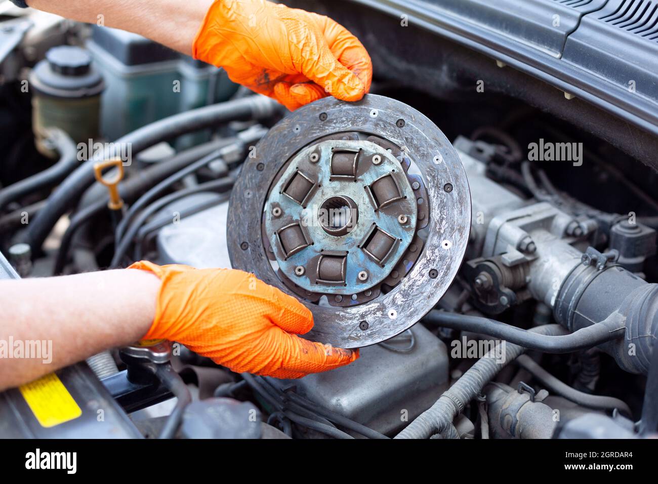 Car Clutch Disc Failure Repair, Replacement Or Inspection Stock Photo