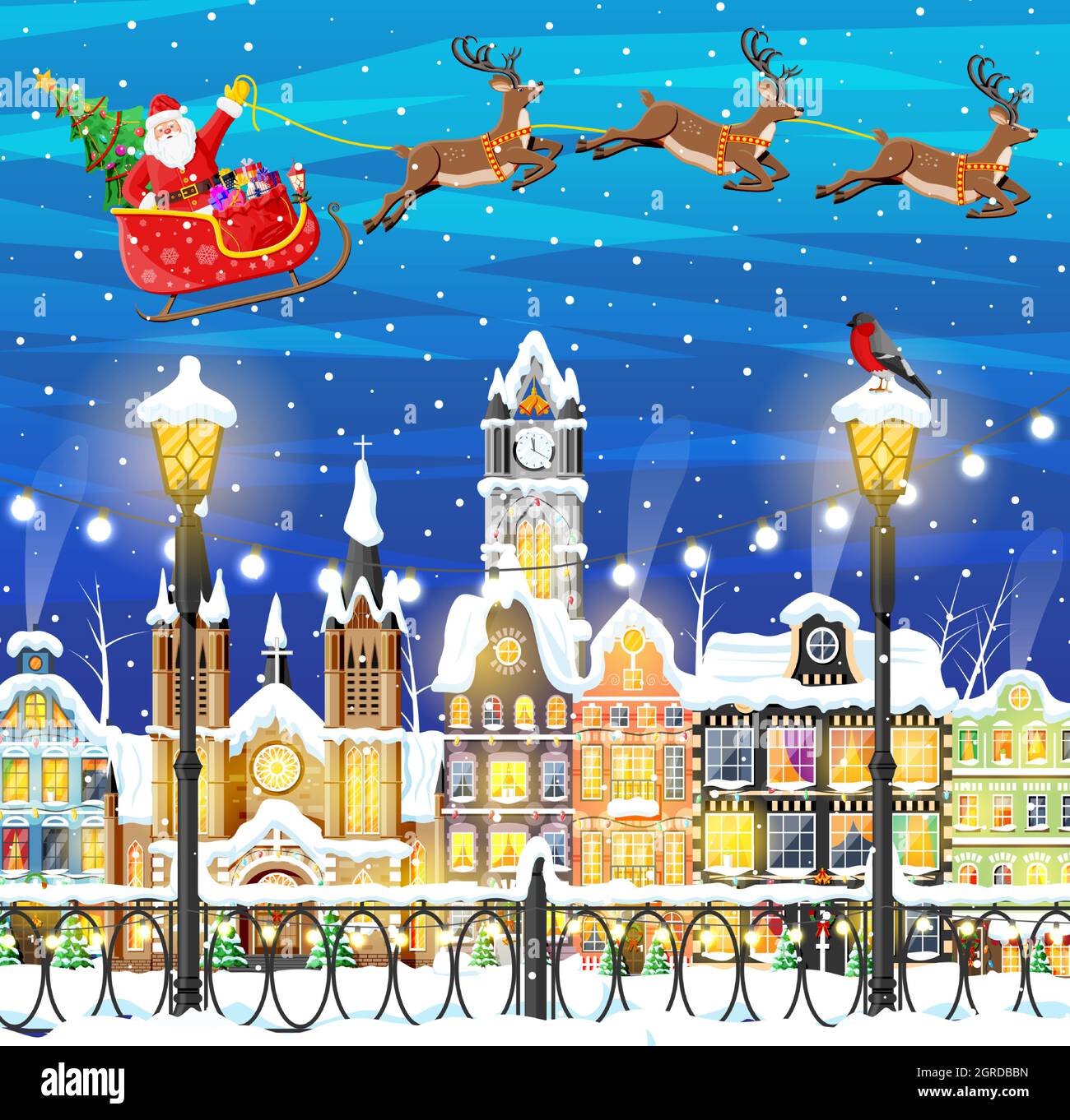 Christmas Card with Urban Landscape and Snowfall Stock Vector Image ...