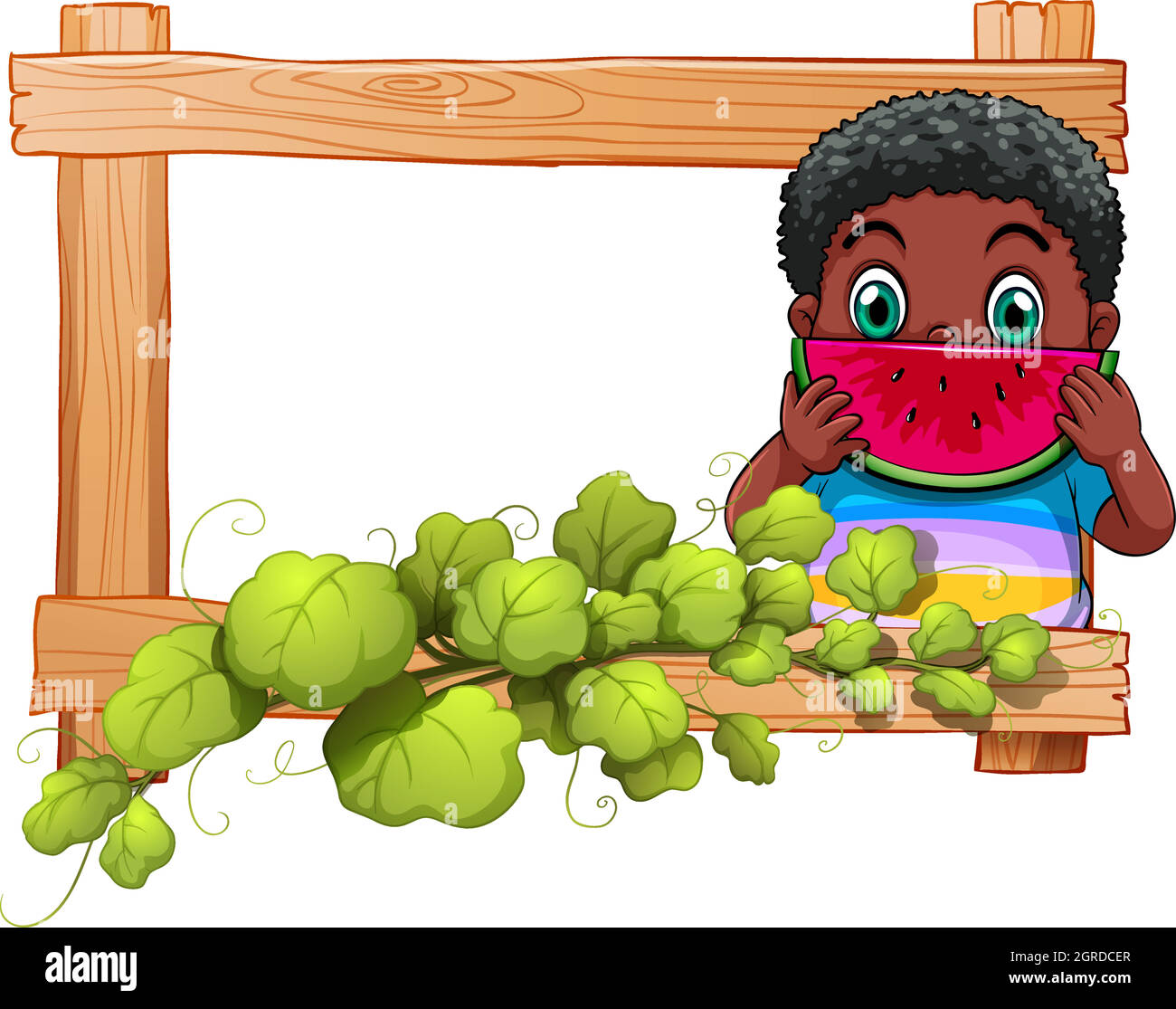 A wooden frame with a boy eating watermelon Stock Vector