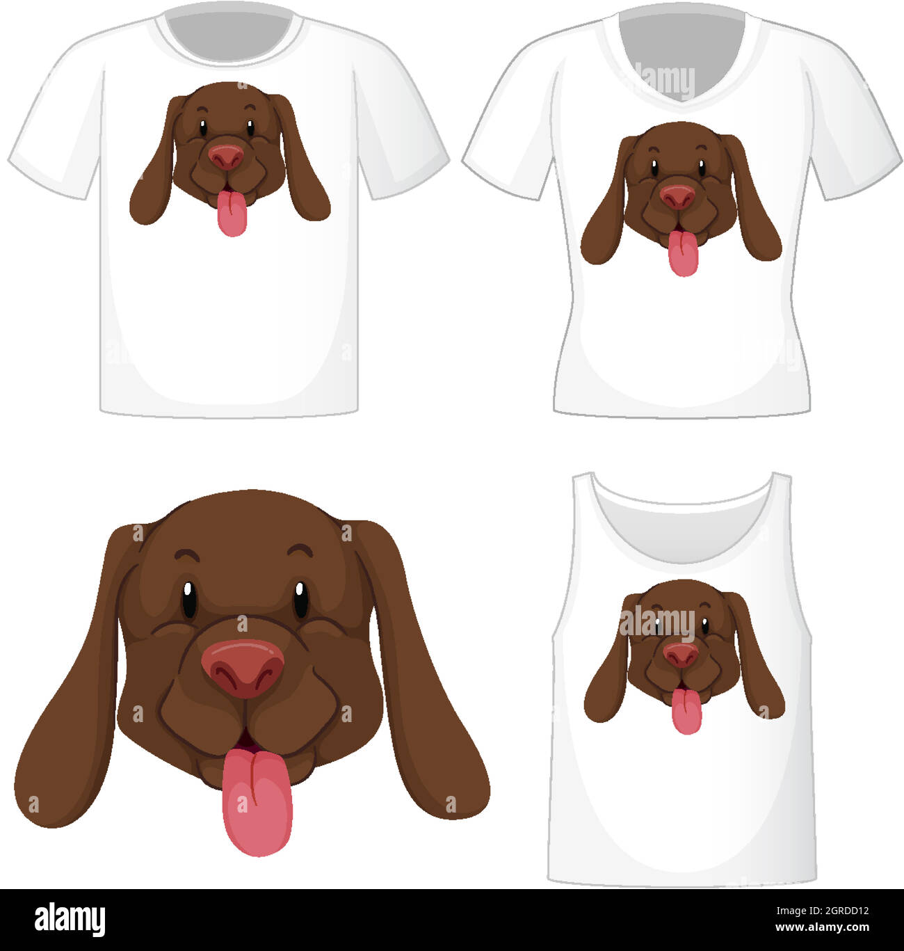 Cute dog logo on different white shirts isolated on white background