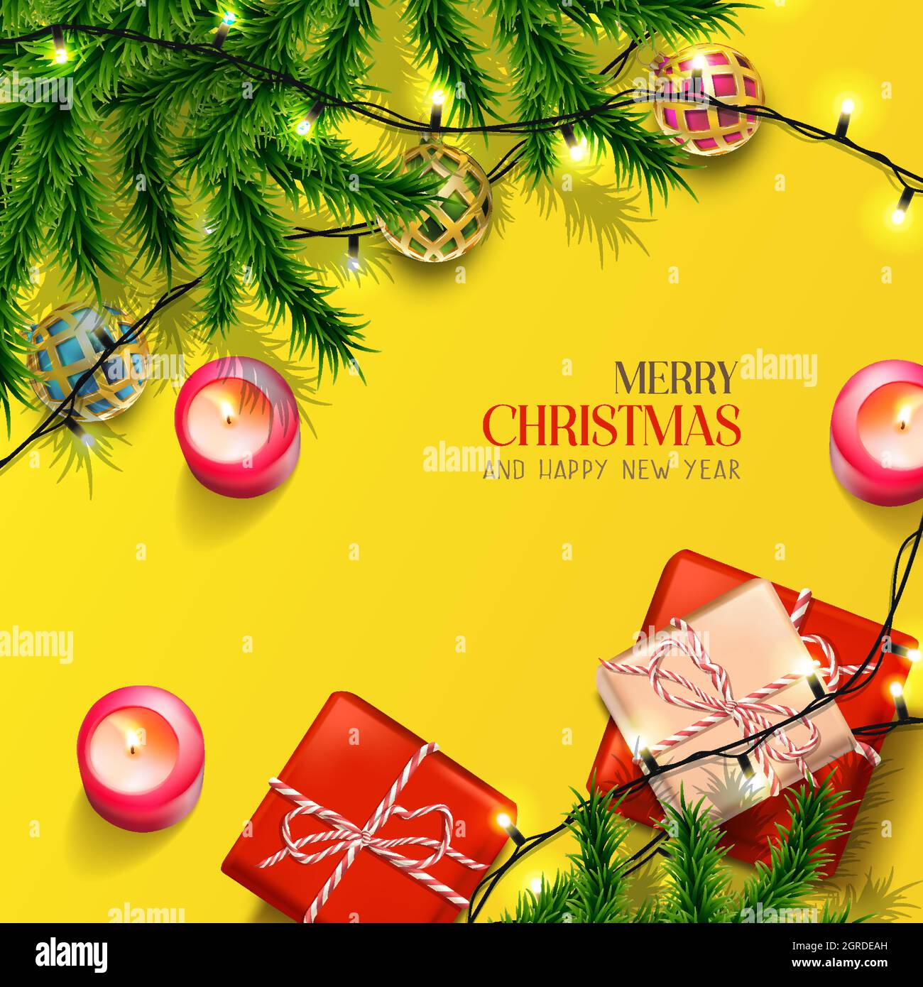 Vector realistic Christmas and New Year background, banner, flyer, greeting  card, postcard. Square orientation. Yellow background with gift boxes and  Stock Vector Image & Art - Alamy