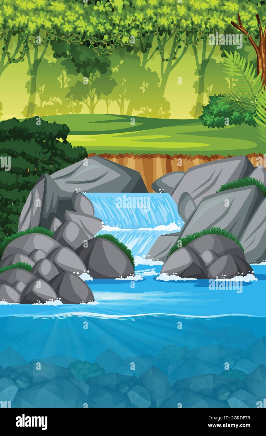 beautiful waterfall landscape scene Stock Vector