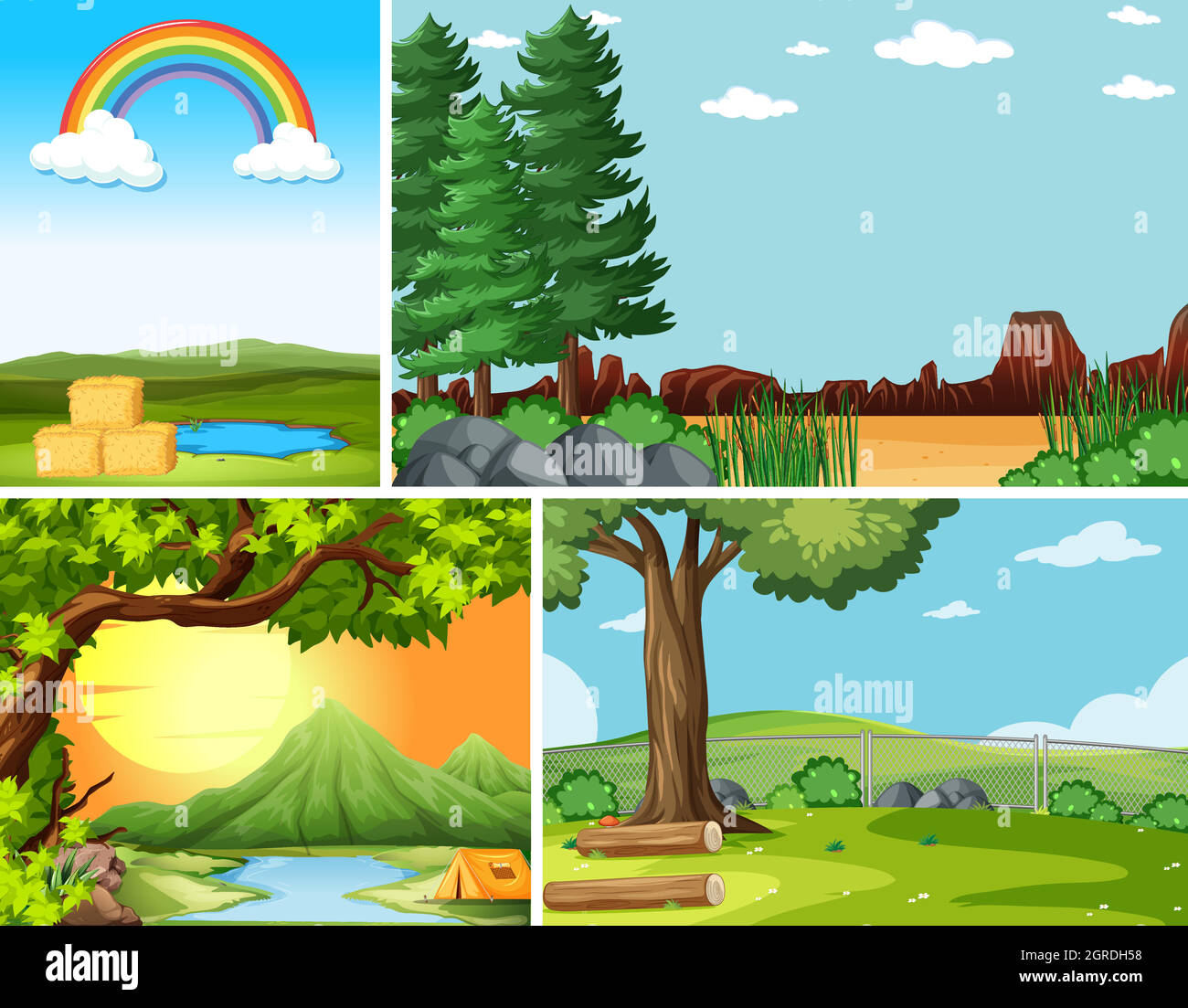 Four different scenes in nature setting cartoon style Stock Vector
