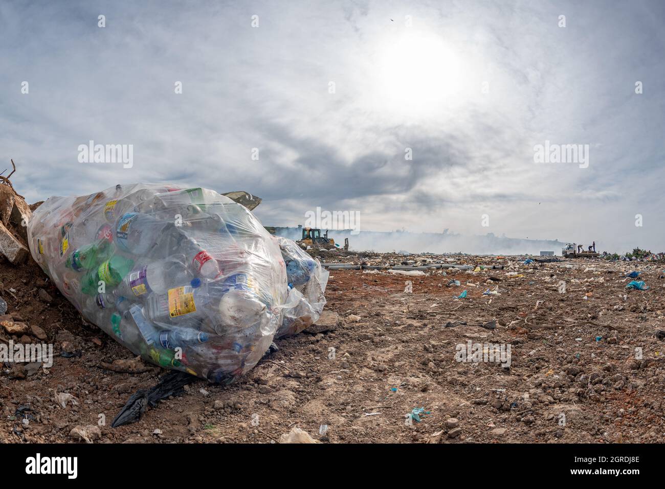 Plastic bottles collected for recycling at a landfill site, Grahamstown