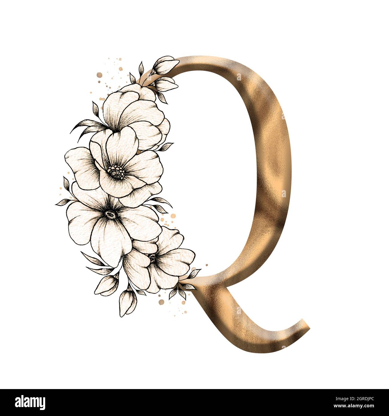 Graphic floral alphabet, gold letter Q with vintage flowers bouquet composition, unique monogram initial perfect for wedding invitations, greeting Stock Photo