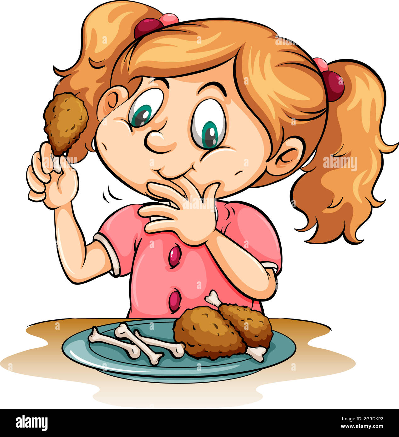 Hungry girl eating chicken Stock Vector