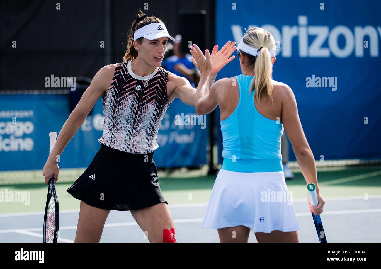 Chicago, USA. 30th Sep, 2021. Andrea Petkovic of Germany playing doubles  with partner Kveta Peschke at the 2021 Chicago Fall Tennis Classic WTA 500  tennis tournament on September 30, 2021 in Chicago,