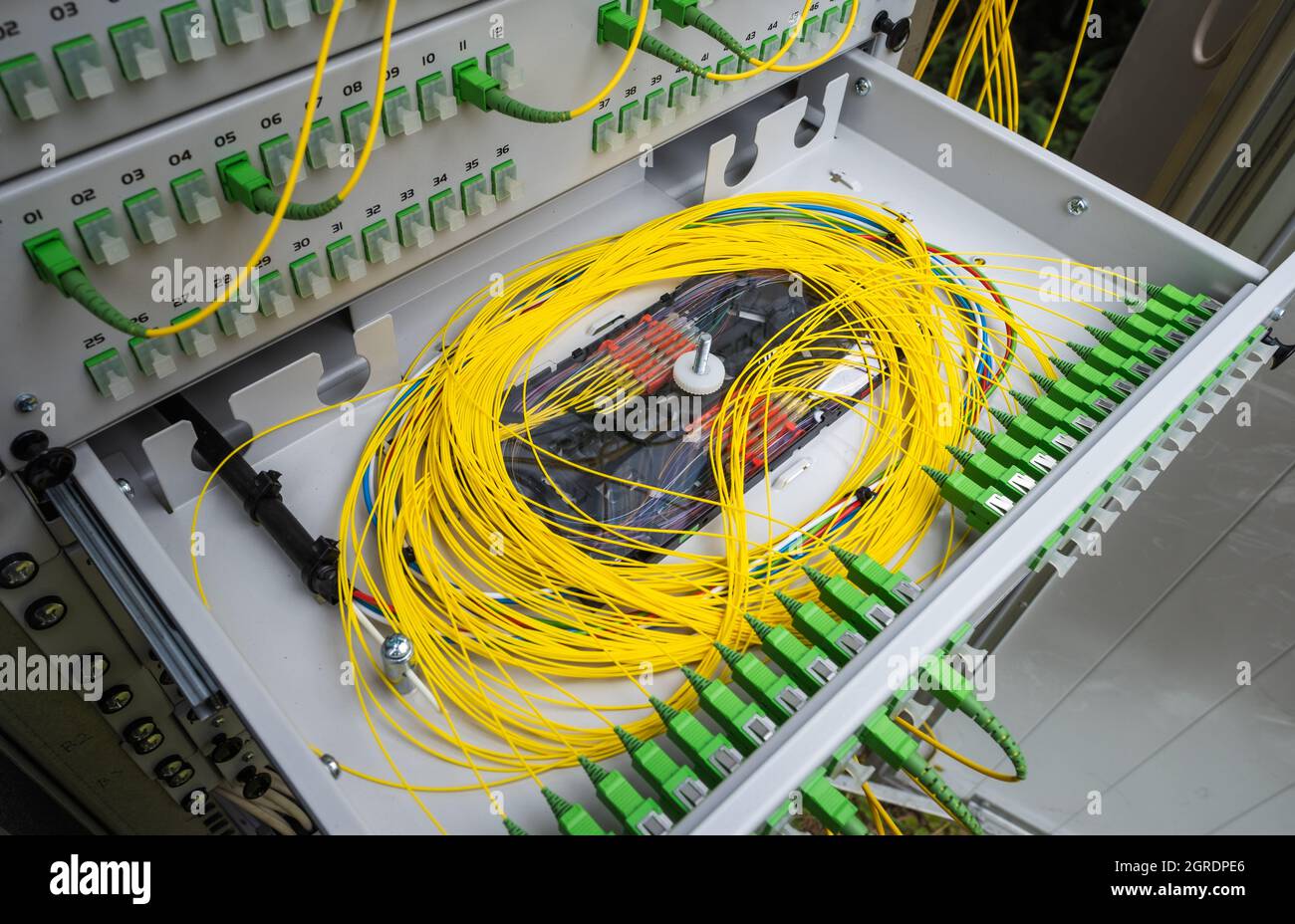 Optical Distribution Frame with Fibre Optic Splice Tray Stock Photo