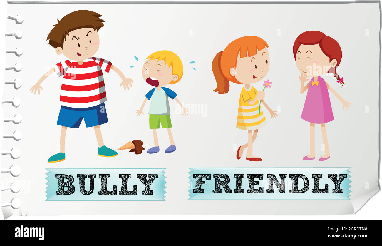 Opposite adjectives bully and friendly Stock Vector