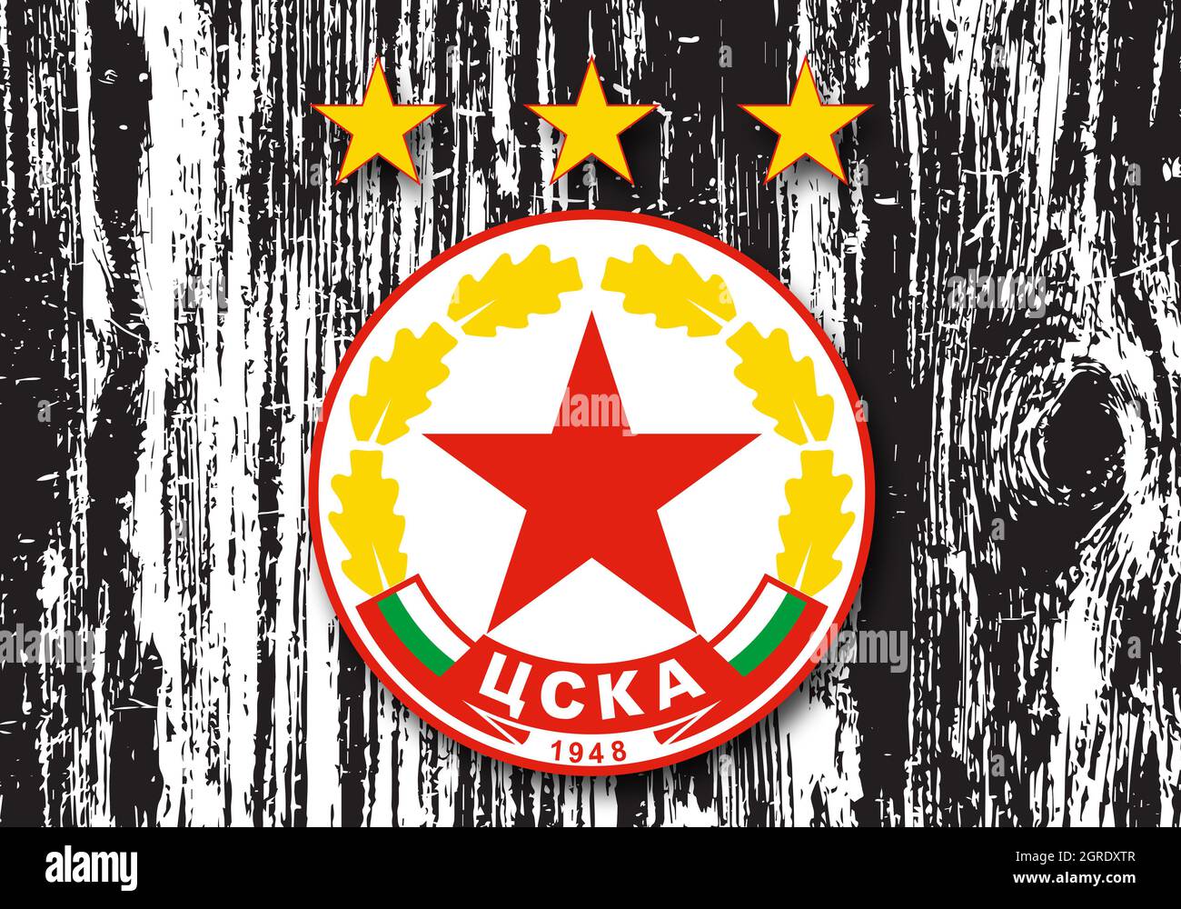 Coat of arms PFC CSKA Sofia, football club from Bulgaria, wooden background Stock Photo
