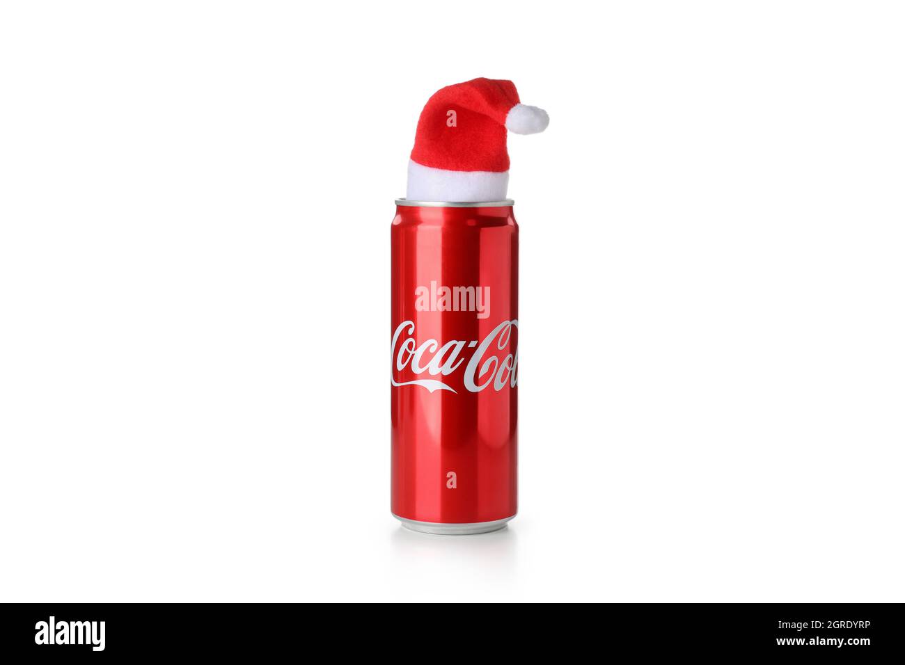 Odessa, Ukraine - September 23, 2021: Coca - Cola can with Santa hat isolated on white background. Stock Photo