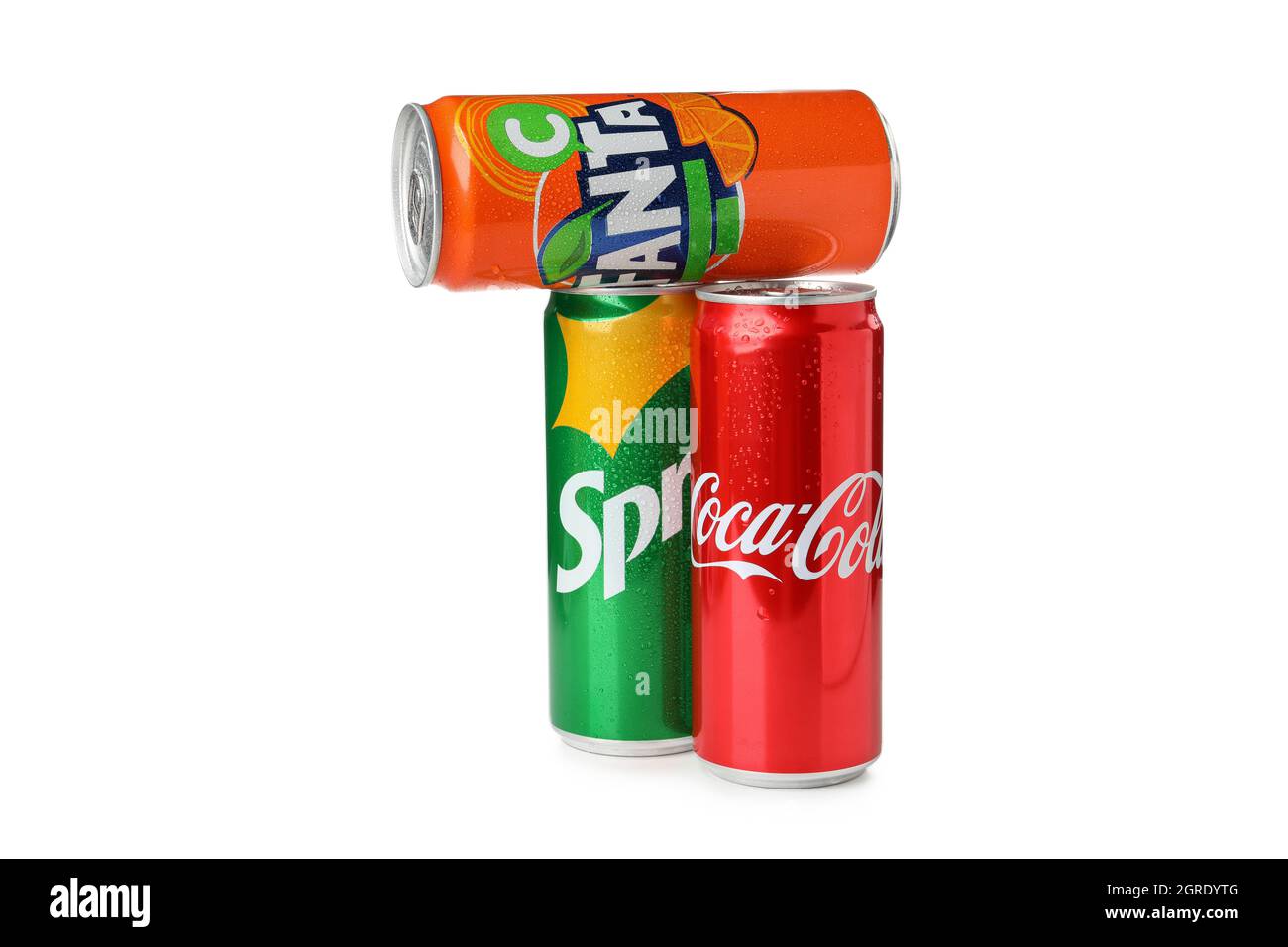 Odessa, Ukraine - September 23, 2021: Fanta, Sprite and Coca - Cola cans isolated on white background. Stock Photo