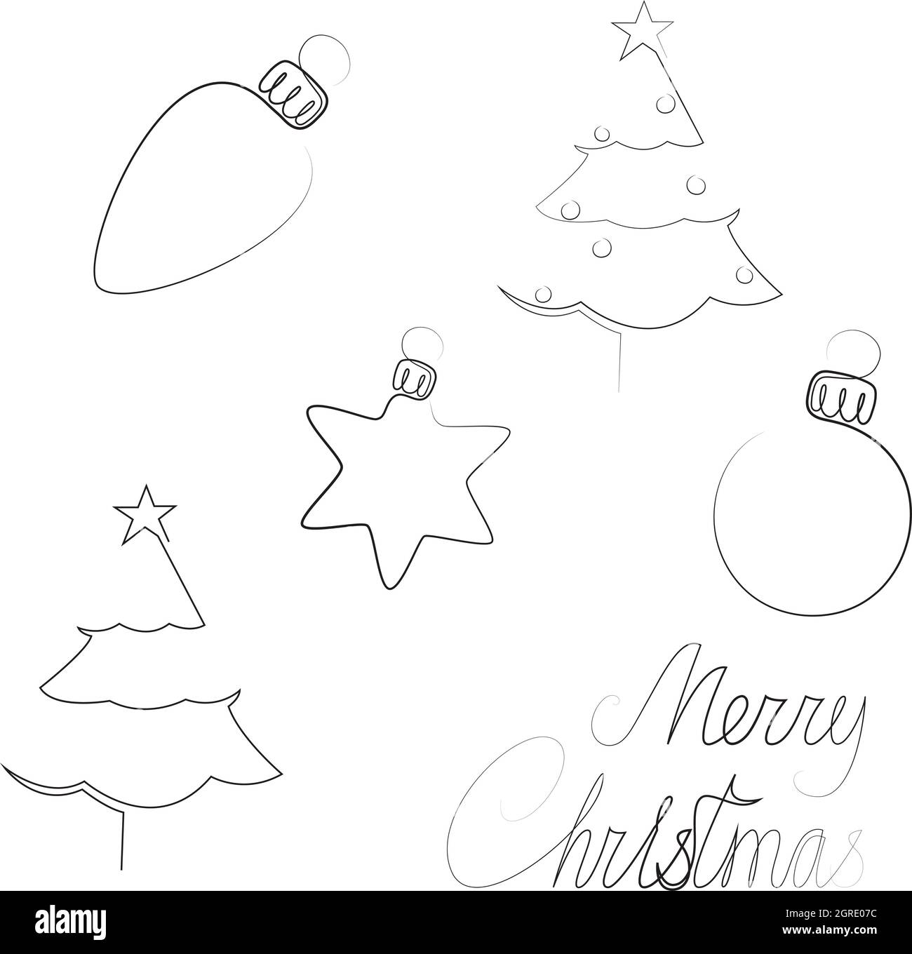 Christmas and New Year related single continuous line objects and lettering inscription. Vector set. Stock Vector