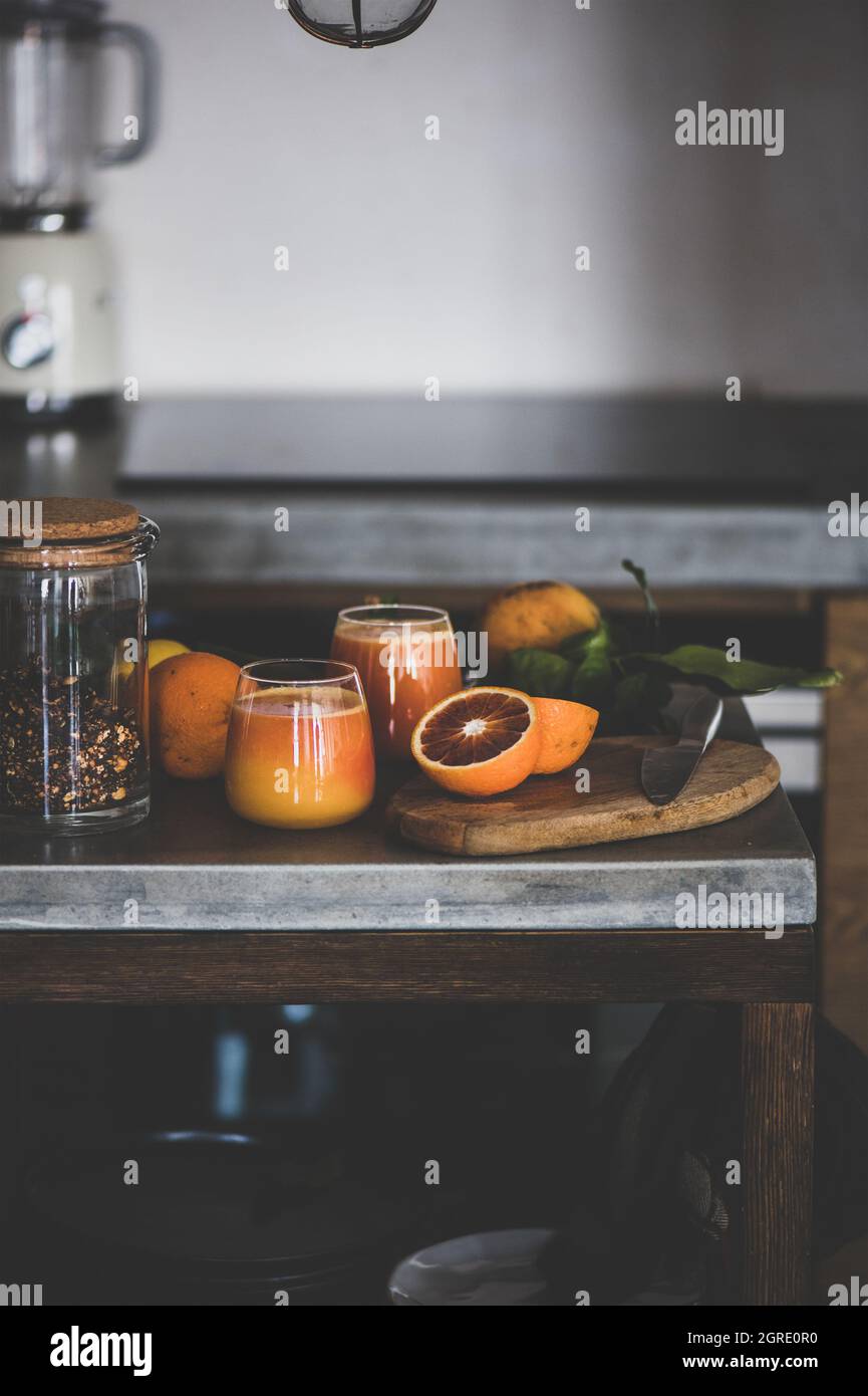 Glasses of freshly squeezed blood orange juice or smoothie Stock Photo