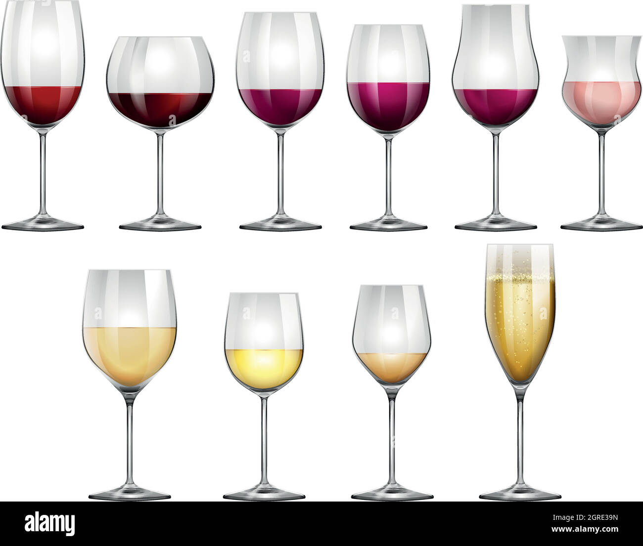 Wine glasses filled with red and white wine Stock Vector