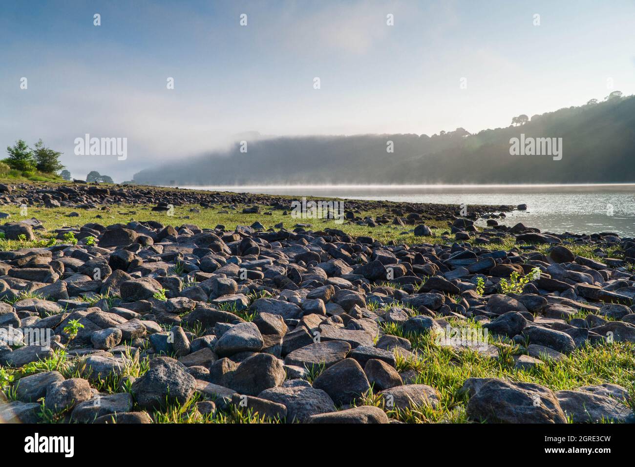 Mist rising from the surface of Talybont Reservoir in the Brecon