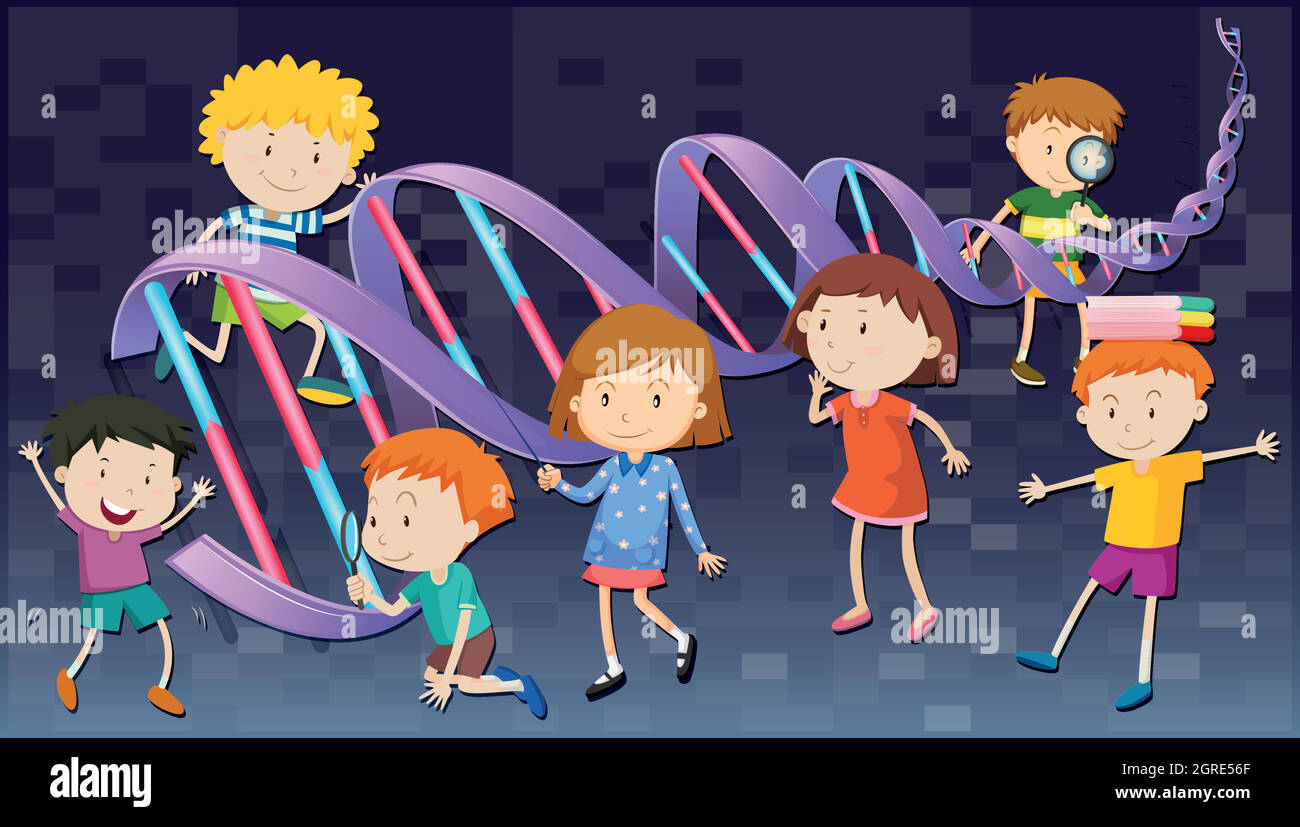 Children with DNA diagram Stock Vector