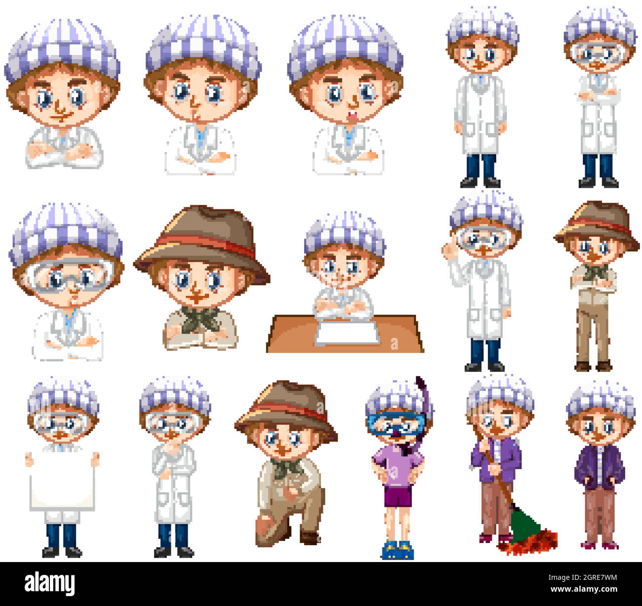 Boy in striped hat doing different activities Stock Vector
