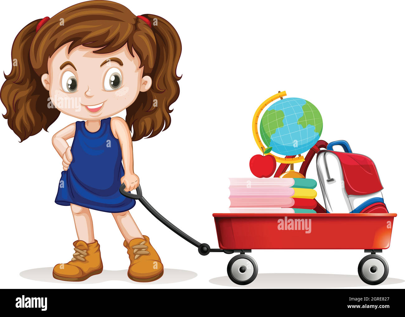 Little girl pulling wagon full of school objects Stock Vector Image