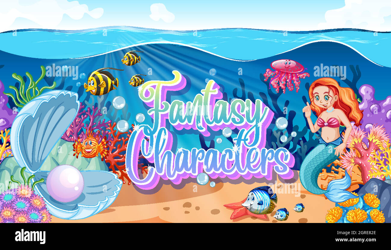 Fantasy characters logo with mermaids on undersea background Stock Vector