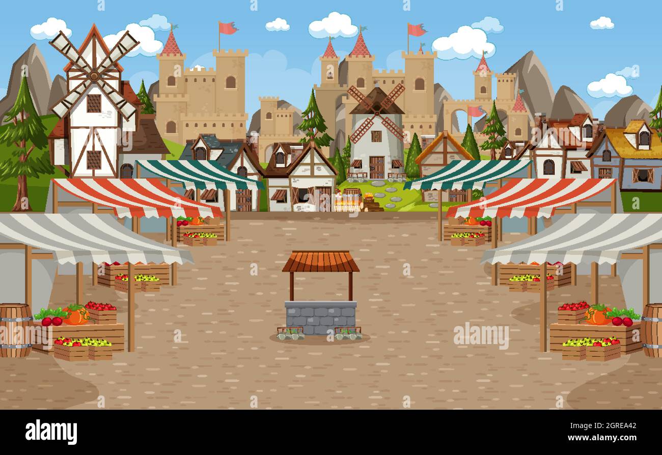 Medieval town scene with market place illustration Stock Vector Image ...
