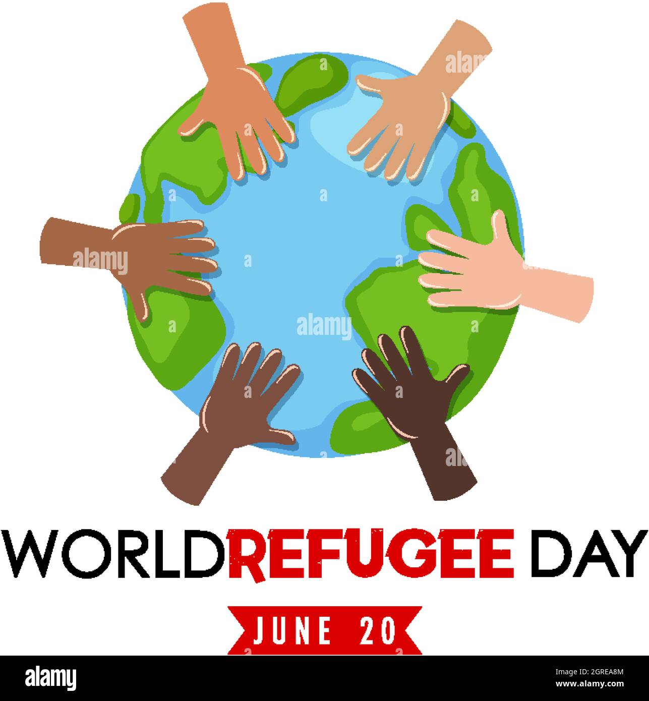 World Refugee Day banner with different hands on globe isolated ...
